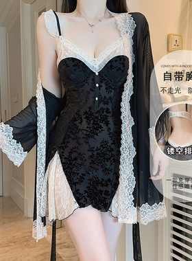 DZ瑰若大码轻奢诱惑丝绒睡衣性感火辣加胸垫露背睡裙外袍套装5960