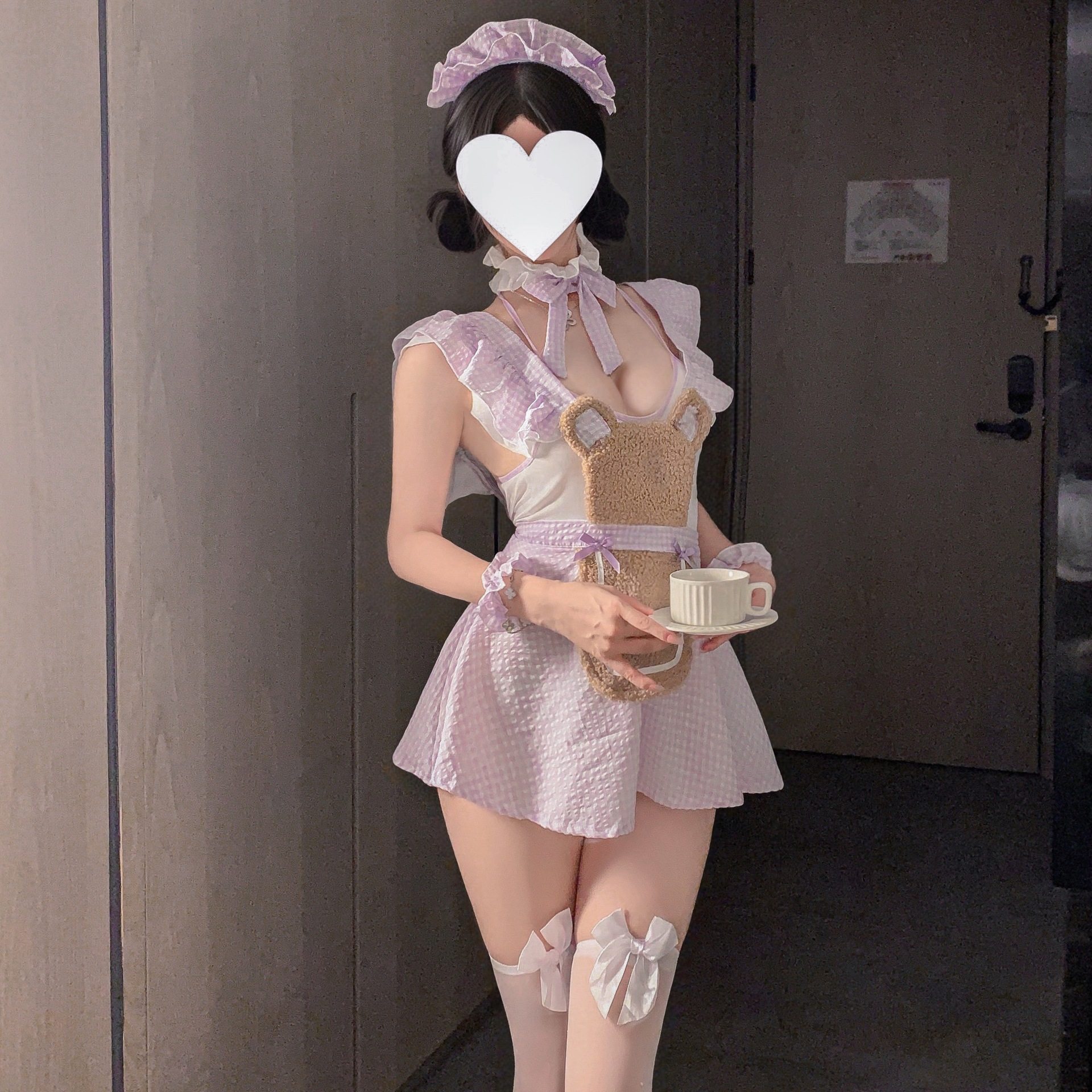 大码莓果熊仆*纯欲可爱荷叶边厨娘睡衣女仆芋泥熊熊短裙套装火辣