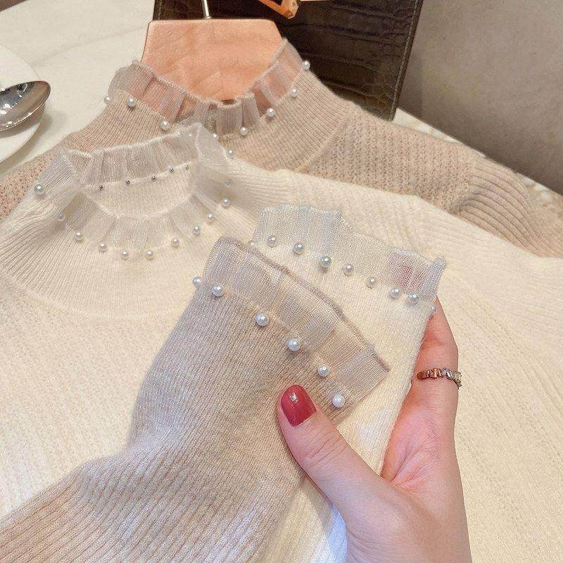 小香风半高领内搭打底衫女冬季春秋新款珍珠毛衣2025蕾丝针织上衣