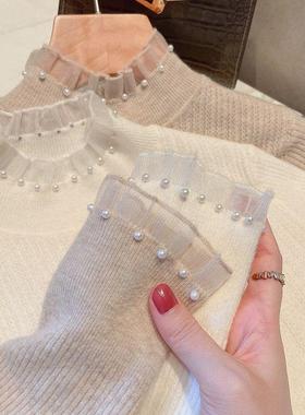 小香风半高领内搭打底衫女冬季春秋新款珍珠毛衣2025蕾丝针织上衣