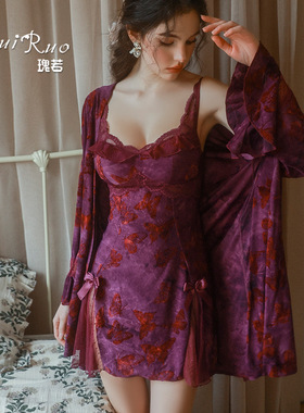 DZ瑰若内衣甜美蝴蝶印花火辣露背深V加胸垫睡裙外袍女套装QJ5286