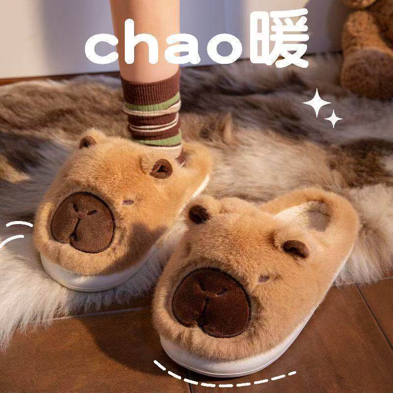 卡皮巴拉棉拖女居家棉拖鞋女加绒棉拖鞋男保暖鞋月子鞋女包头拖