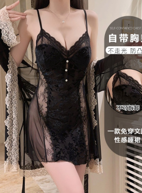 瑰若内衣性感聚拢加胸垫纯欲甜美丝绒透视网纱睡裙外袍套装C5928