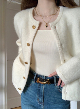 小香风短款正肩仿貂绒针织开衫毛衣女装春秋季慵懒风休闲外套上衣