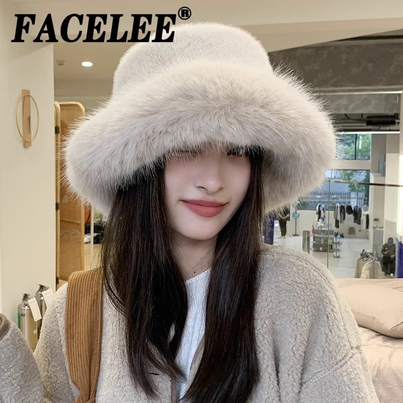高级感仿皮草貂毛蓬松渔夫帽女贵妇风大头围毛绒帽冬季保暖帽子