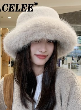 高级感仿皮草貂毛蓬松渔夫帽女贵妇风大头围毛绒帽冬季保暖帽子