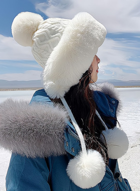 秋冬季女士棉羊绒套头帽三毛球可爱加绒加厚防寒保暖纯色针织帽子