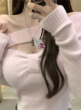 粉色露肩镂空毛衣女装秋冬新款设计感小众套头针织衫宽松长袖上衣
