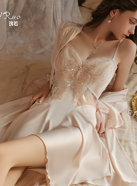 瑰若性感低胸聚拢加胸垫网纱透视露背大码睡裙外袍家居服套装4118