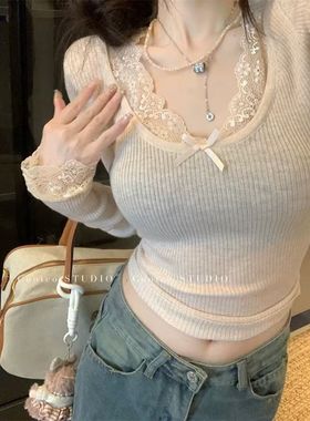 独特漂亮修身打底针织衫女2024年冬季减龄蝴蝶结粉色内搭长袖上衣