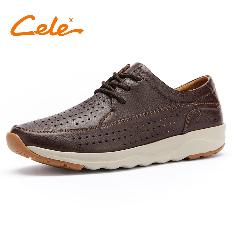 Cele策乐休闲凉皮鞋男真皮百搭软底镂空男鞋夏季透气网眼商务鞋子