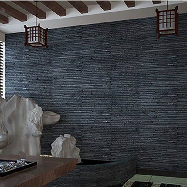 热销青石板水幕墙流水石现代简约黑色条纹文化石庭院外墙背景墙砖