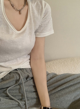 大领口t恤女白色显瘦ins潮韩版露锁骨圆领夏纯色修身短袖低领上衣