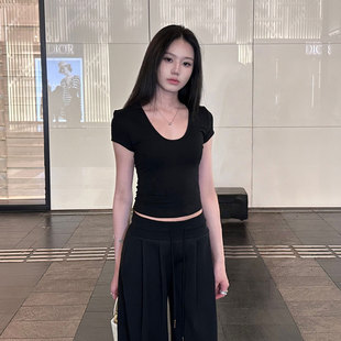 t恤女夏季 纯欲辣妹U领短袖 性感低胸露锁骨高弹紧身显气质百搭上衣