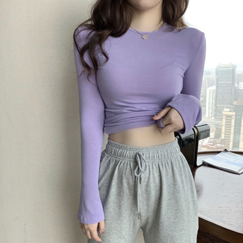 2025新款夏秋甜美显白香芋紫色打底衫修身ins纯欲风长袖上衣T恤女