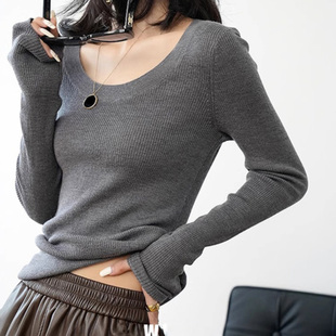 辣妹U领内搭长袖打底T恤女秋冬季加薄绒保暖正肩洋气显瘦修身上衣