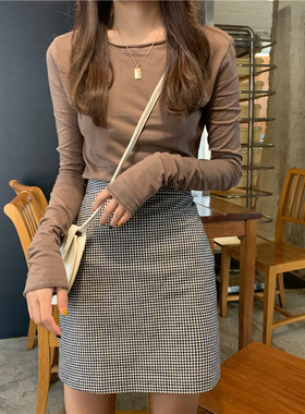 2025春秋冬修身卷边长袖纯棉女士打底衫内搭显瘦港风百搭INST恤女