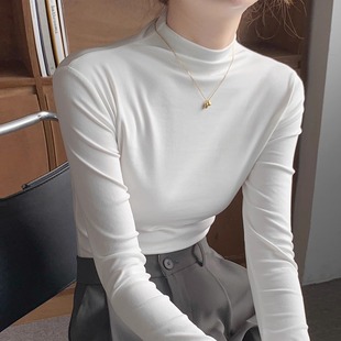 纯棉半高领打底衫女秋冬磨毛加薄绒长袖洋气内搭紧身中领百搭上衣