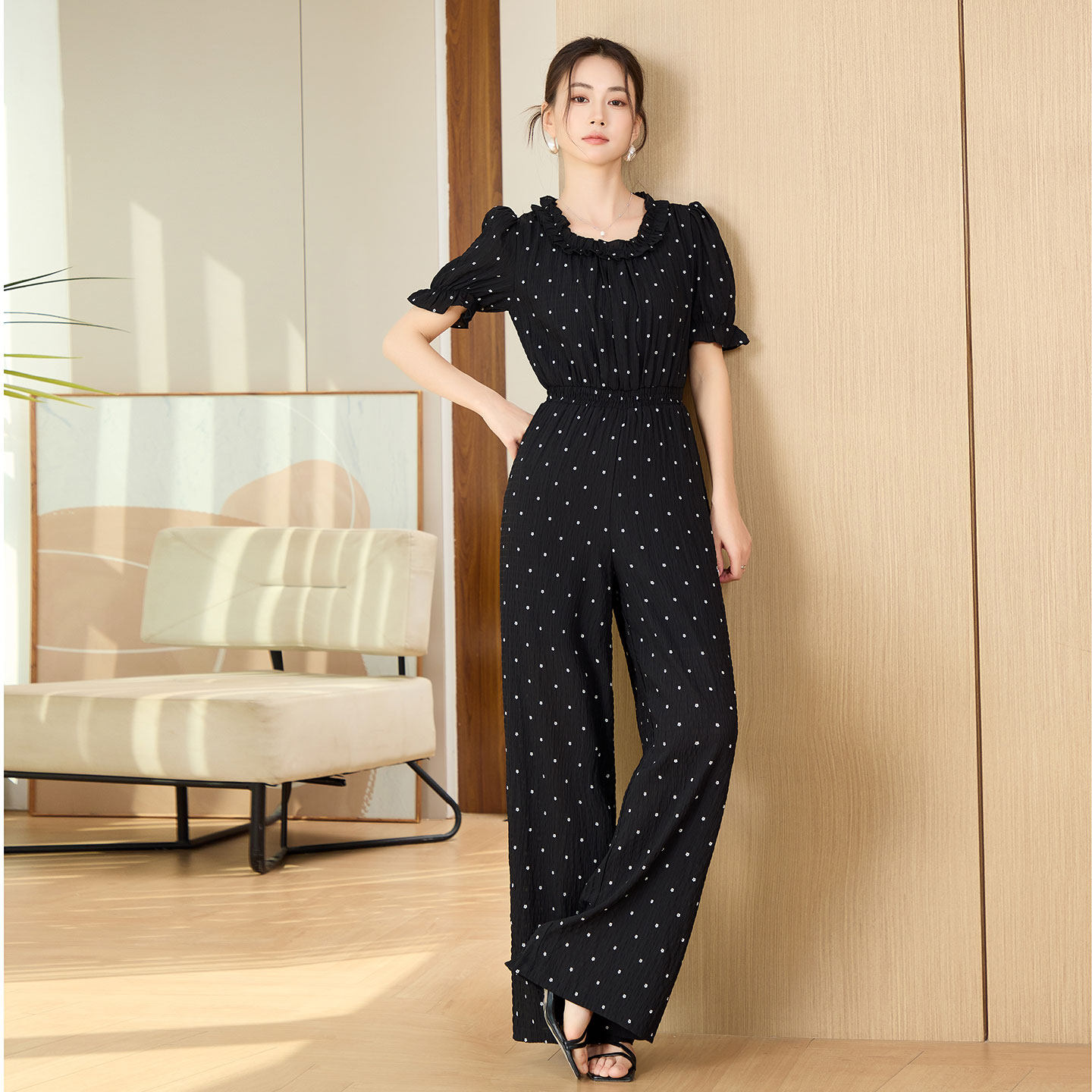 2026女新款雪纺方领优雅气质连体衣修身显瘦阔腿连体长裤