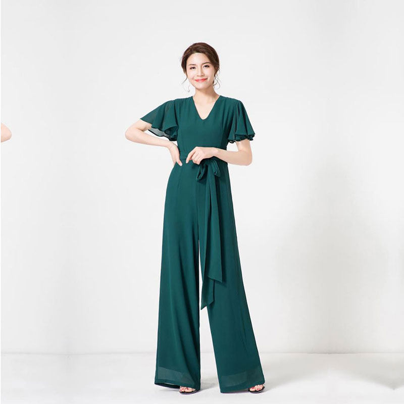 新款女夏高腰显瘦气质v领长款雪纺阔腿连体裤
