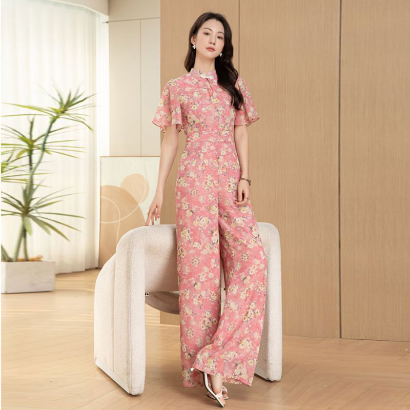 中国风旗袍改良立领原创夏新款女高腰修身显瘦连体长裤优雅连体衣