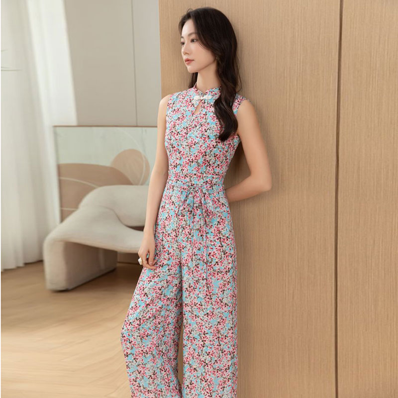2025夏旗袍改良新款女式雪纺印花高腰修身显瘦连体长裤优雅连体衣