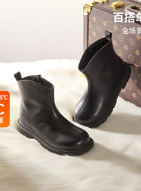 卡特兔皮鞋女童皮短靴冬加绒保暖轻暖瘦瘦靴黑色时尚女宝宝鞋女孩