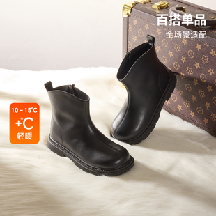 卡特兔皮鞋女童皮短靴冬加绒保暖轻暖瘦瘦靴黑色时尚女宝宝鞋女孩