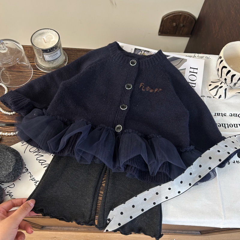 韩版童装2025新款秋季女童刺绣毛衣开衫儿童洋气灰色喇叭裤