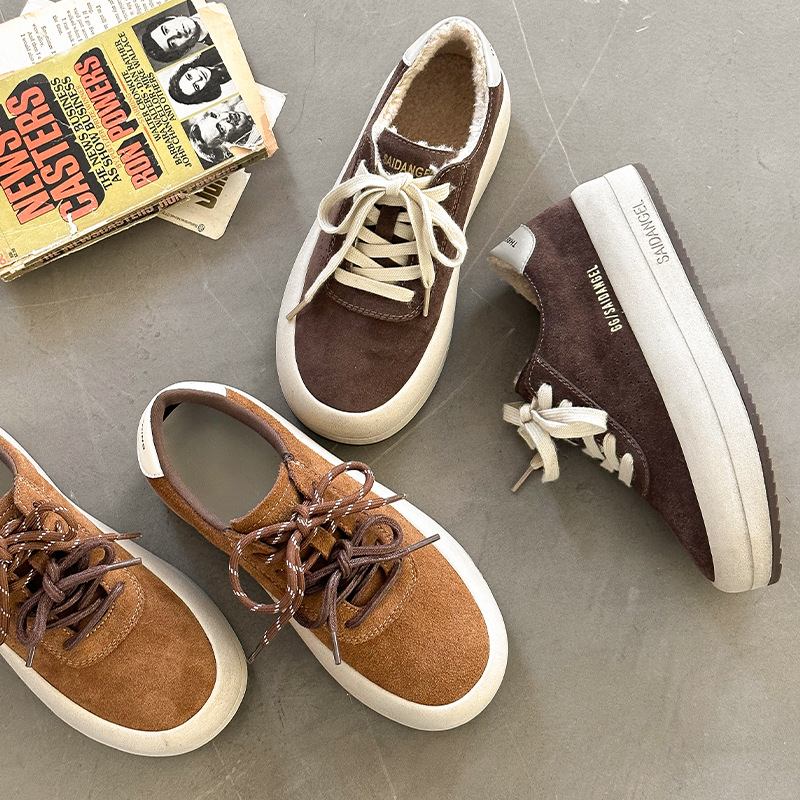 美拉德磨砂皮圆头双鞋带设计面包鞋女2024秋季新款厚底运动休闲鞋