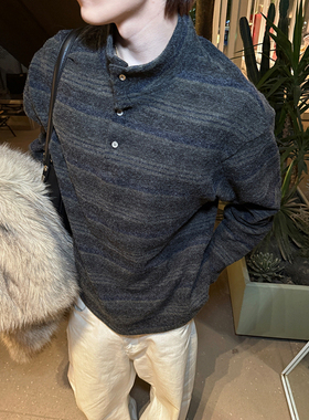 ESC MAN STUDIO/自制 复古cleanfit暗条纹立领休闲卫衣亨利领上衣