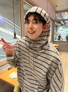 ESC MAN STUDIO/自制 秋冬新款CHIC慵懒风设计感拉绒条纹连帽卫衣