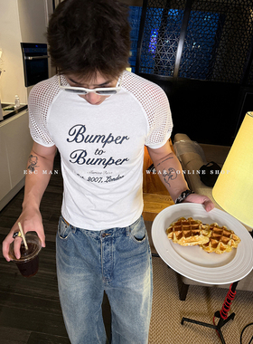 ESC MAN STUDIO/夏季穿搭不会枯燥的个性印花双肩镂空短袖T恤上衣