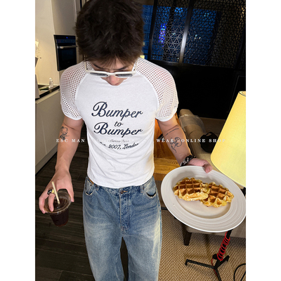 ESC MAN STUDIO/夏季穿搭不会枯燥的个性印花双肩镂空短袖T恤上衣