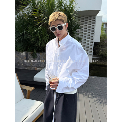 ESC MAN STUDIO/自制 夏季长袖斜门襟短款衬衫宽松休闲上衣