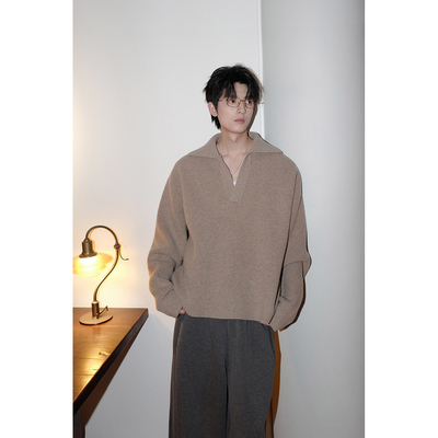 ESC MAN STUDIO/自制 翻领针织衫复古风套头毛衣长袖纯色秋冬宽松