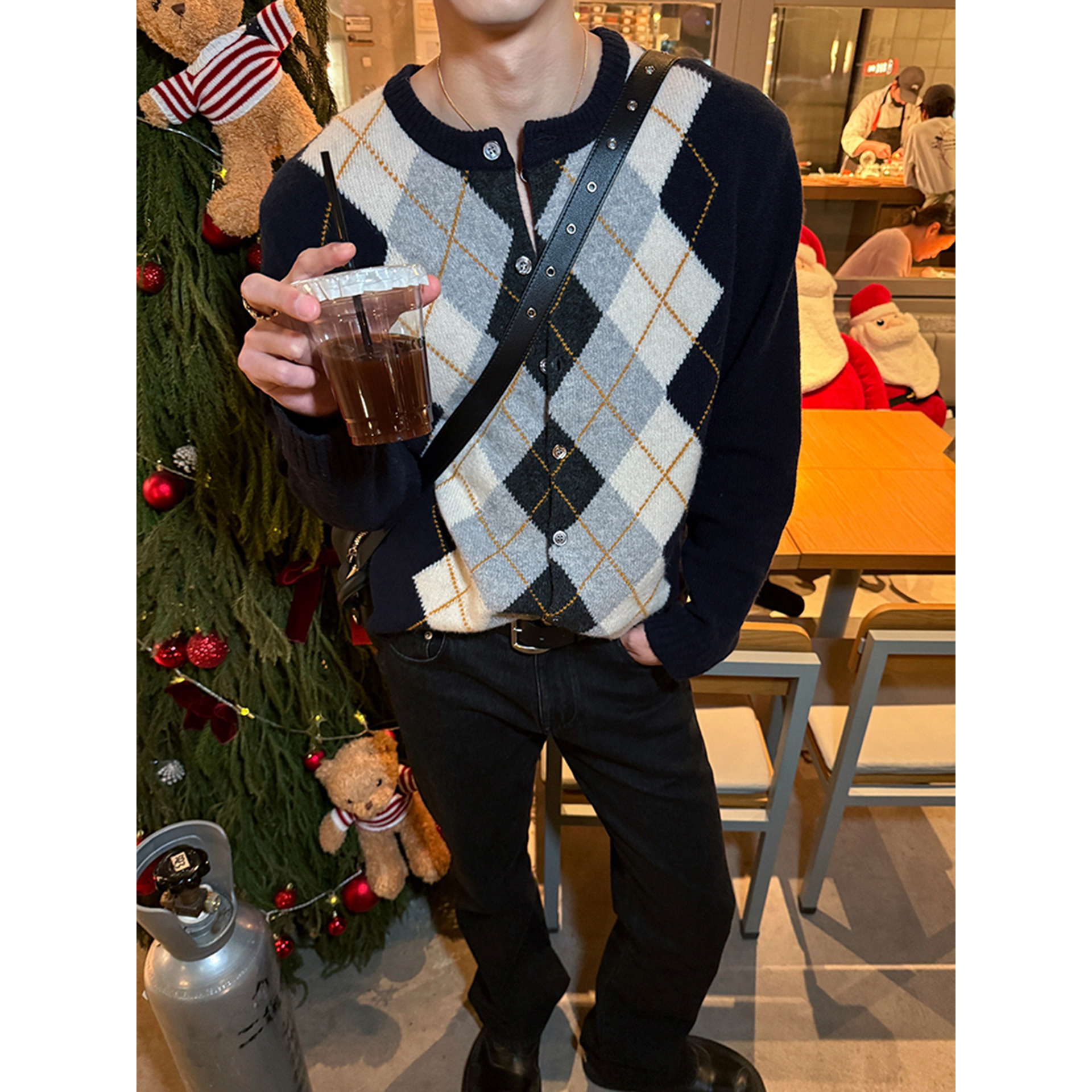 ESC MAN STUDIO/自制 高级感100羊毛菱形格针织开衫毛衣休闲外套