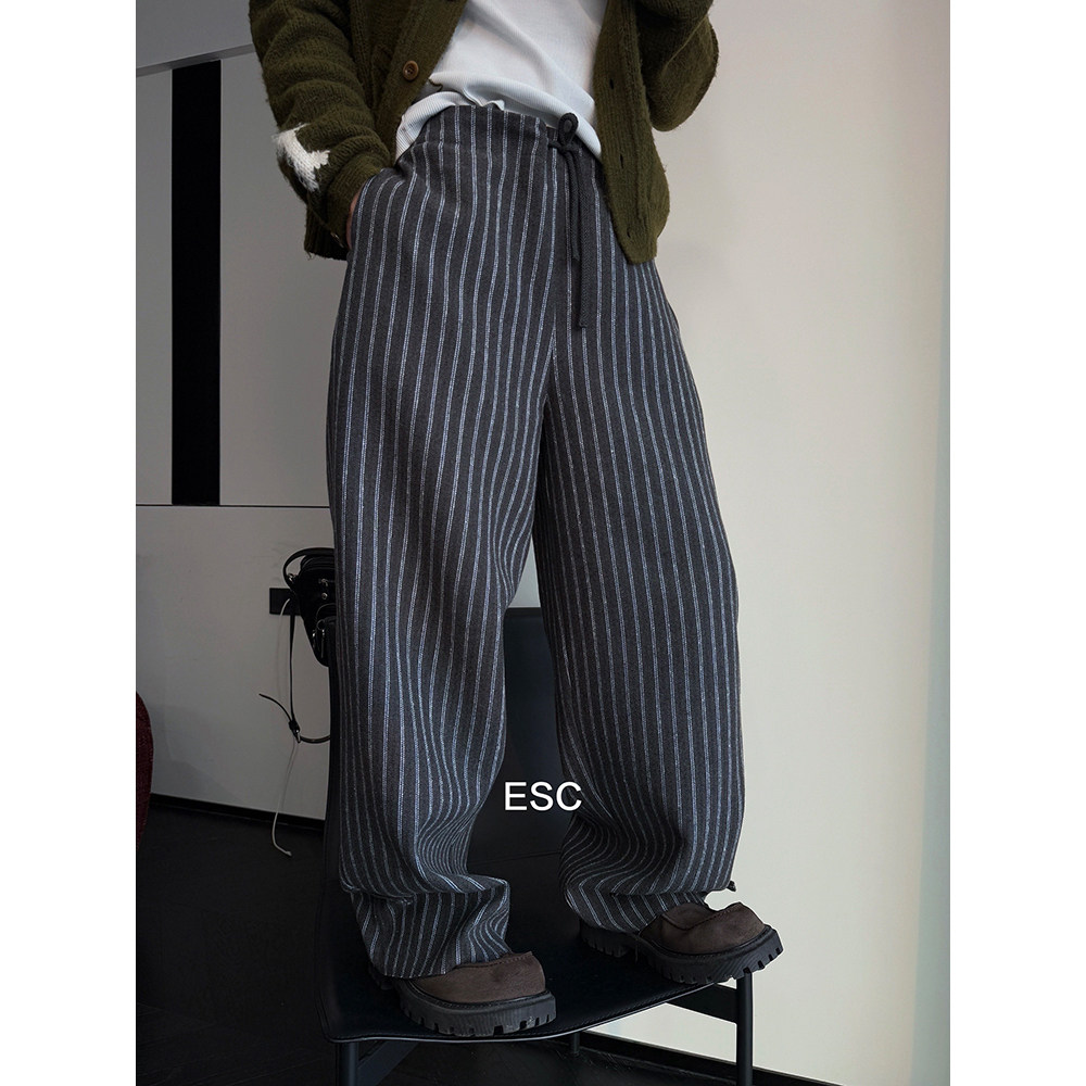 ESC MAN STUDIO/慵懒老钱风休闲条纹羊毛长裤松紧抽绳宽松直筒裤