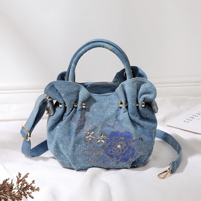 iPinee2025新款时尚水洗牛仔布手提小包包优雅风花朵单肩斜挎包潮