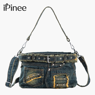 iPinee原创复古怀旧水洗牛仔布腋下包镶钻牛仔裤 造型手提斜挎女包