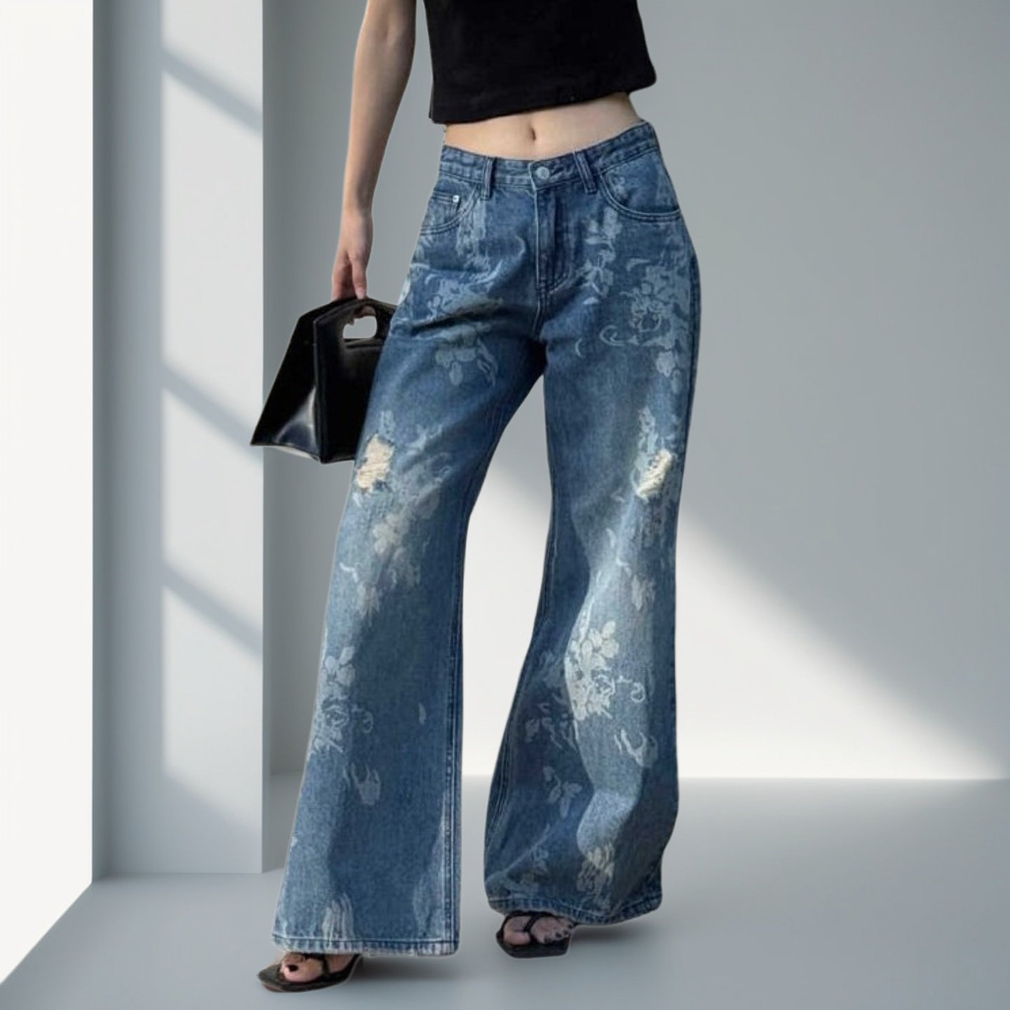 2026年春夏新款原创设计十三行女装3d印花牛仔微喇裤植物花卉微弹,女装/女士精品,牛仔裤,淘宝优惠券,粉丝福利购,淘宝优惠卷