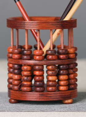 速发红酸枝木制 实木毛笔笔筒 雕檀木质复古算盘老红品黑刻工艺木