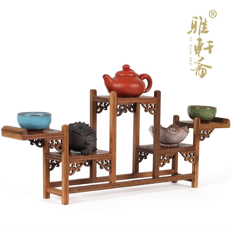 红木家具奇石底座茶壶架 鸡翅木雕博古架紫砂壶五层式古玩底座