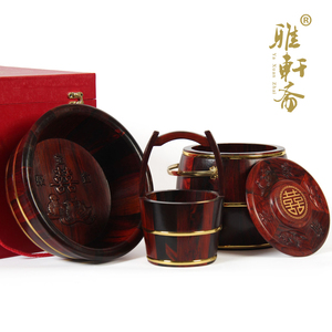 雅轩斋老红木特大号结婚庆礼品子孙桶三件套 实木新款浮雕 红酸枝