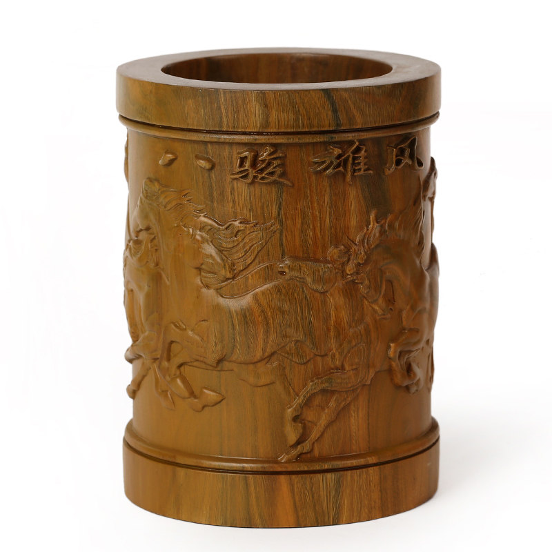 红木工艺品实木八骏雄风绿檀笔筒文房用品摆件根雕新年礼物