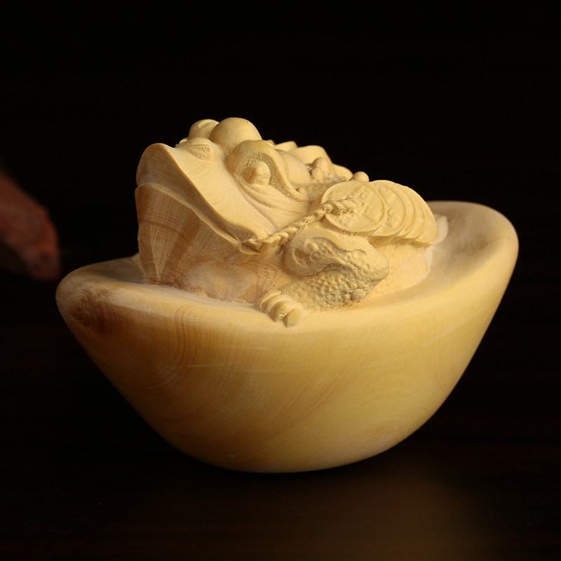 红木佛像工艺品小号金蟾摆件 黄杨木雕元宝金蟾实木手把件车饰品
