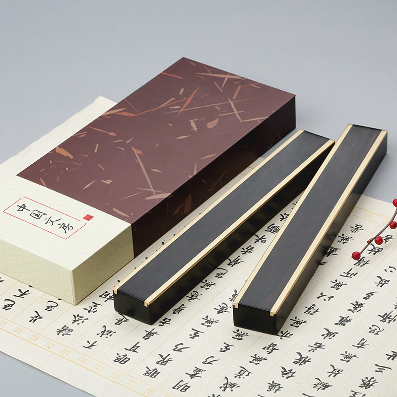 红木镇纸书画用品 创意黑紫檀木嵌铜黄铜镇尺 实木文房四宝书法压纸石压书器 原木文镇非纯铜压条压纸工具