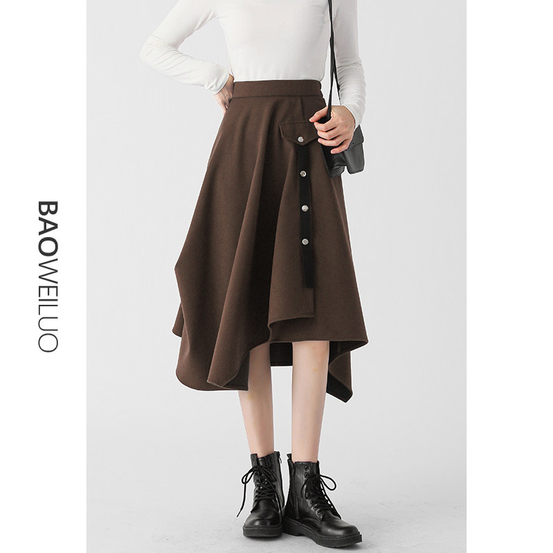 2021秋冬高腰不规则毛呢半身裙女裙子中长款大摆伞裙显瘦A字长裙