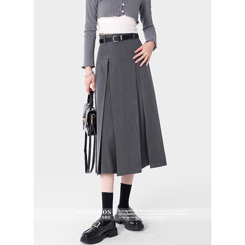 学院风灰色半身裙女2025春夏季新款高腰百搭A字中长款百褶裙伞裙