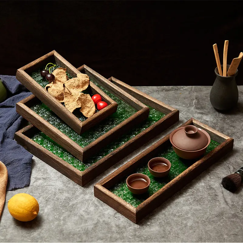 复古绿色海棠花托盘玻璃实木小